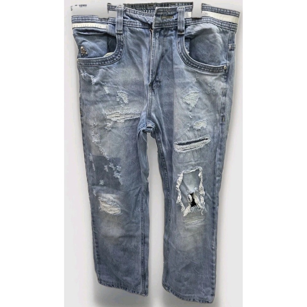 Philipp Plein Men Distressed Light Wash Denim Jeans Skull Logo Plaque Made Italy